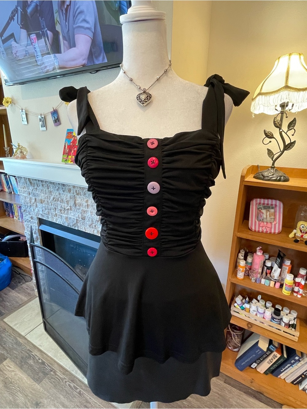 black whimsygoth y2k peplum tie strap top diy buttons